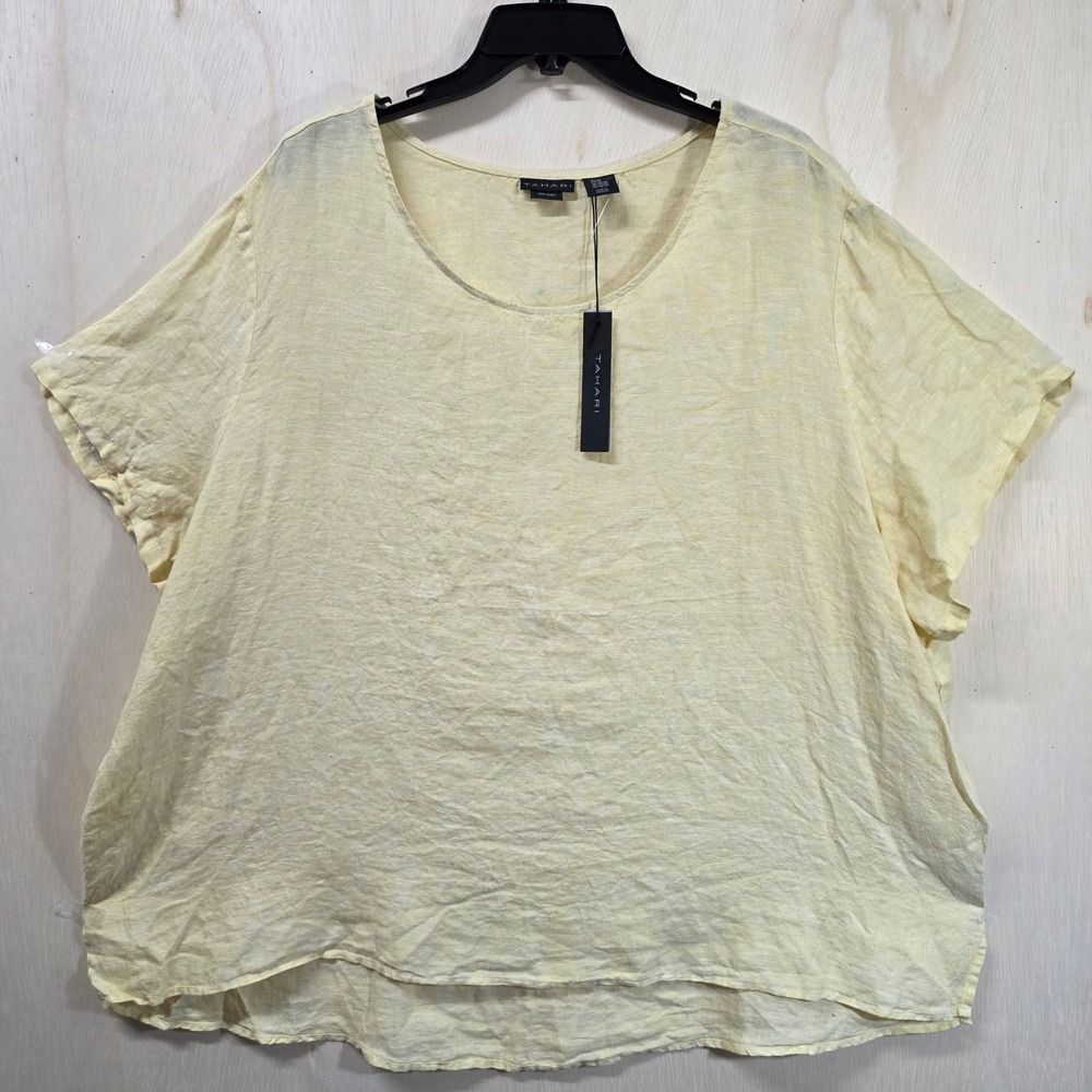 Tahari Womens 3X Yellow 100% Linen Short Sleeve Scoop Neck Relaxed Top NWT